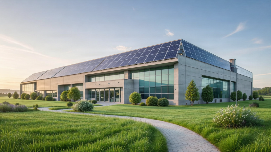 Modern eco-friendly packaging factory with solar panels and green surroundings.