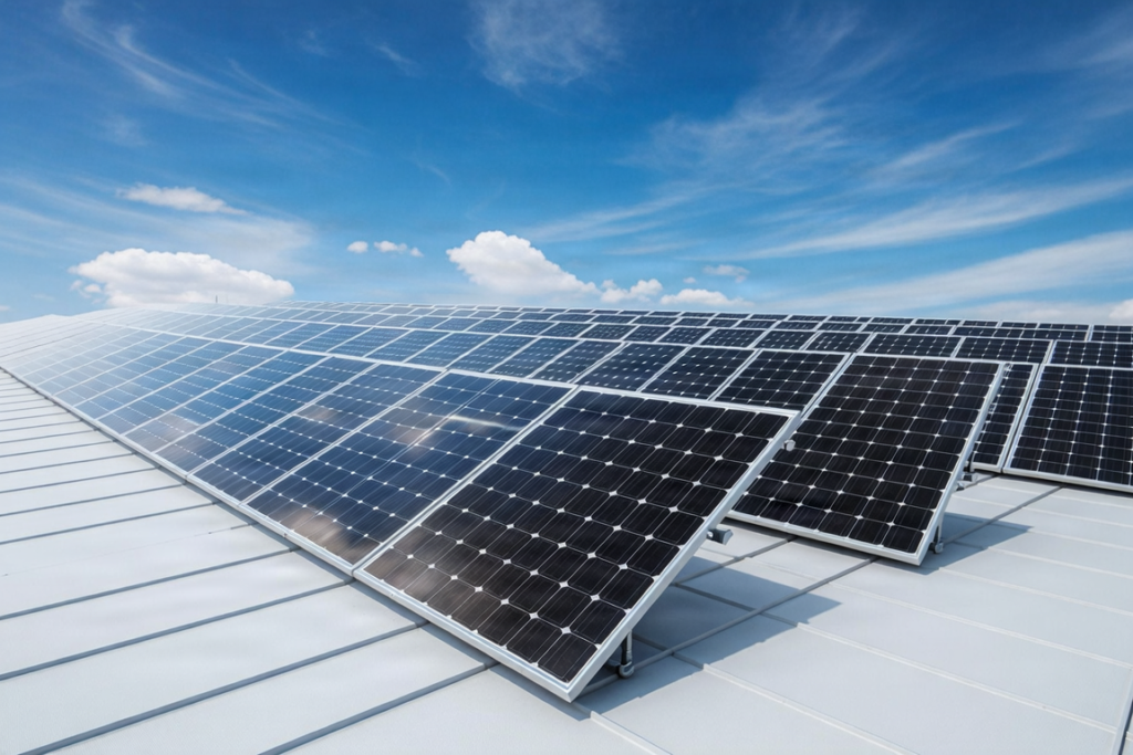 Solar panels on a factory roof under a clear blue sky.