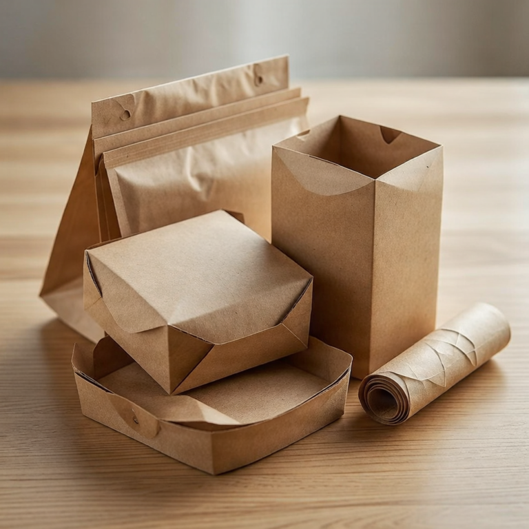 Sustainable fast food packaging including burger boxes and paper bags.