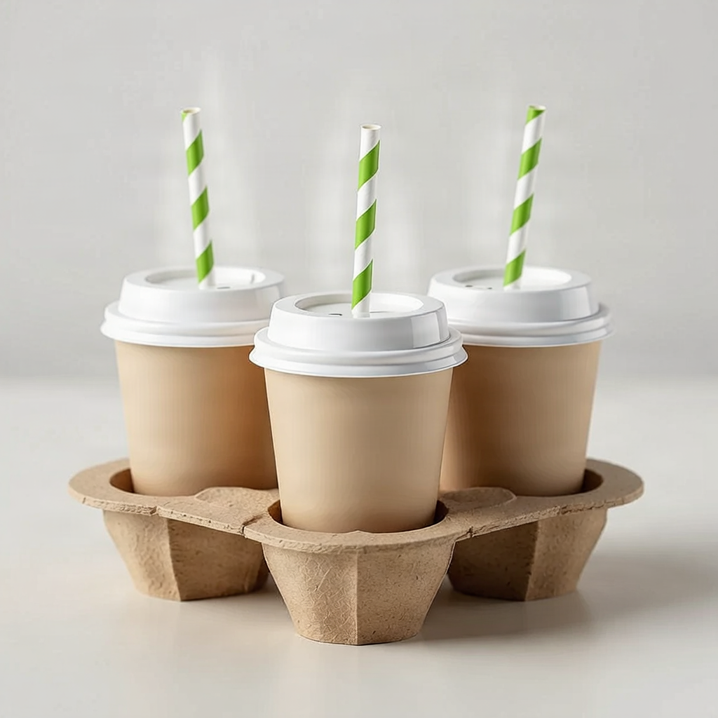 Eco-friendly beverage packaging with paper cups and straws.